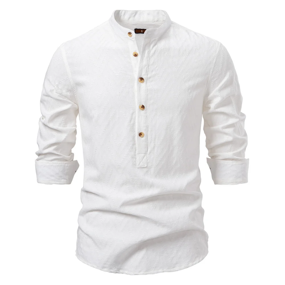 Men's Stand-up Collar Shirt Casual Cotton Linen Long-sleeved Shirt