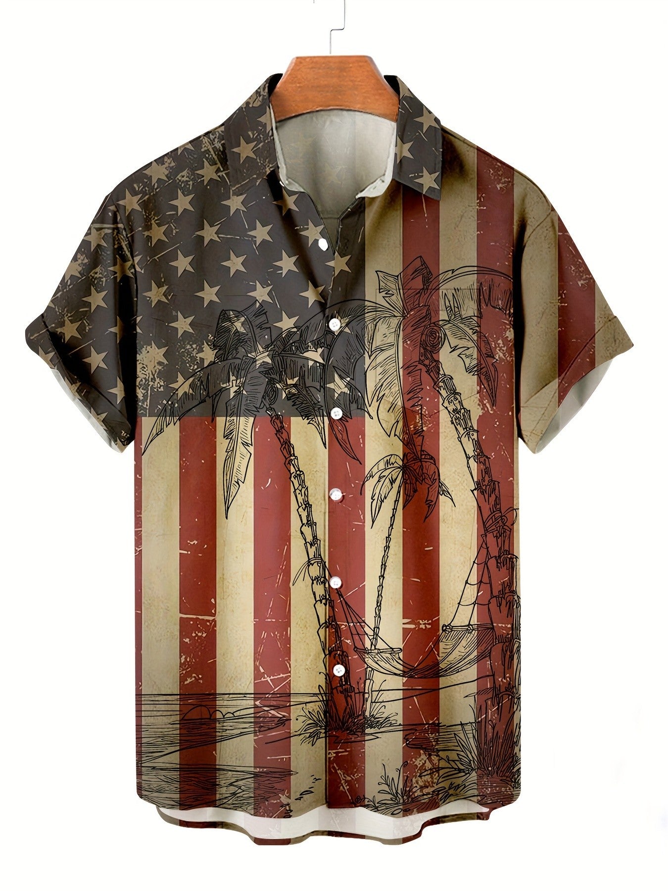 Men's flag pattern printed with Memorial Day and Independence Day themed short sleeved shirts PLUSCLOTHESMAN