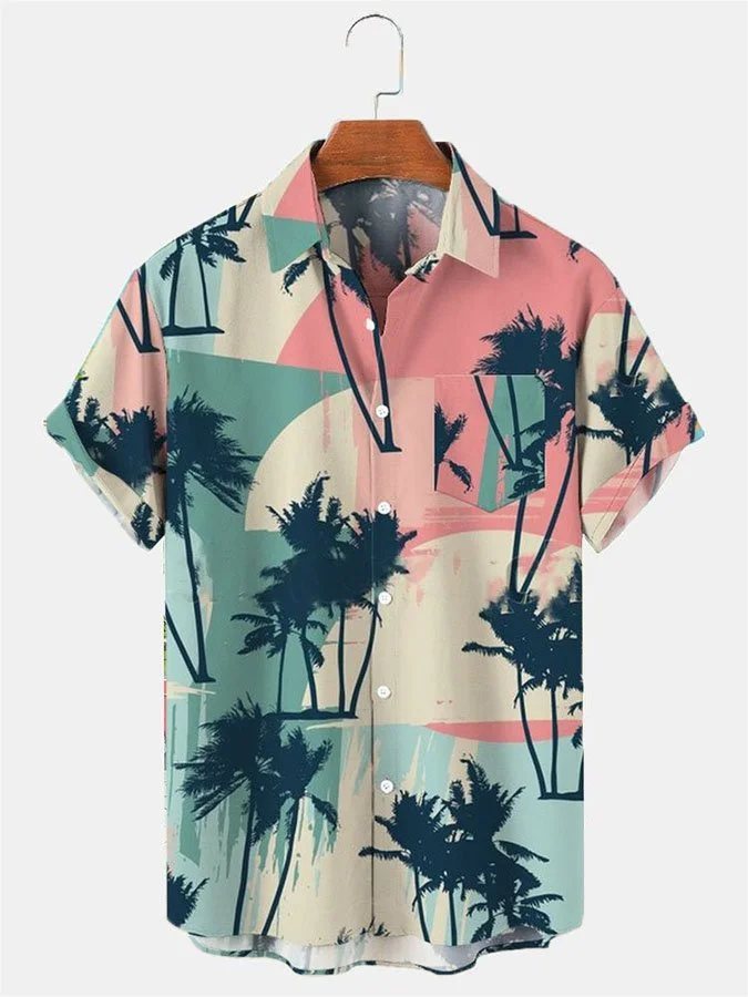 Mens Hawaiian Shirt Casual Short Sleeve Pink Statement Palm Tree Shirts & Tops