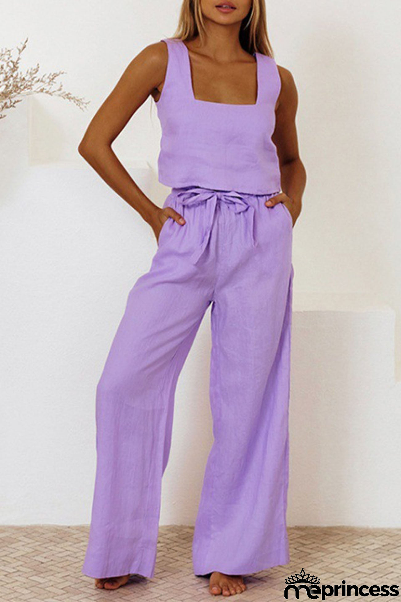 Cotton Waist-Tie Square Neck Pants Set