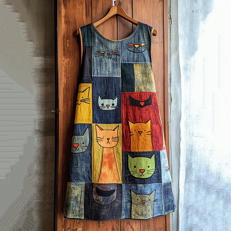 Pop Art Cat Patchwork Denim Midi Dress