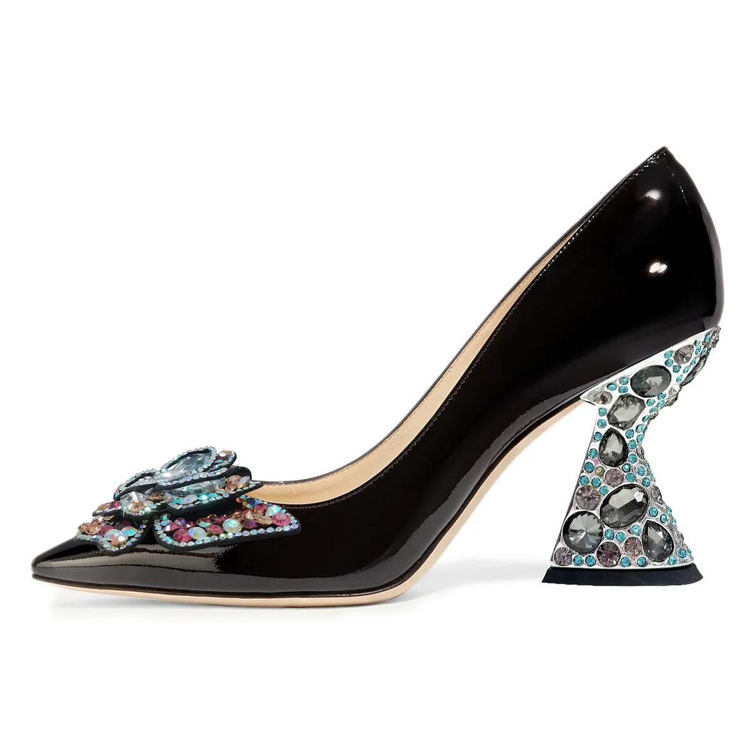 Black Patent Leather Pointed Toe Colorful Rhinestone Butterfly Pumps 
