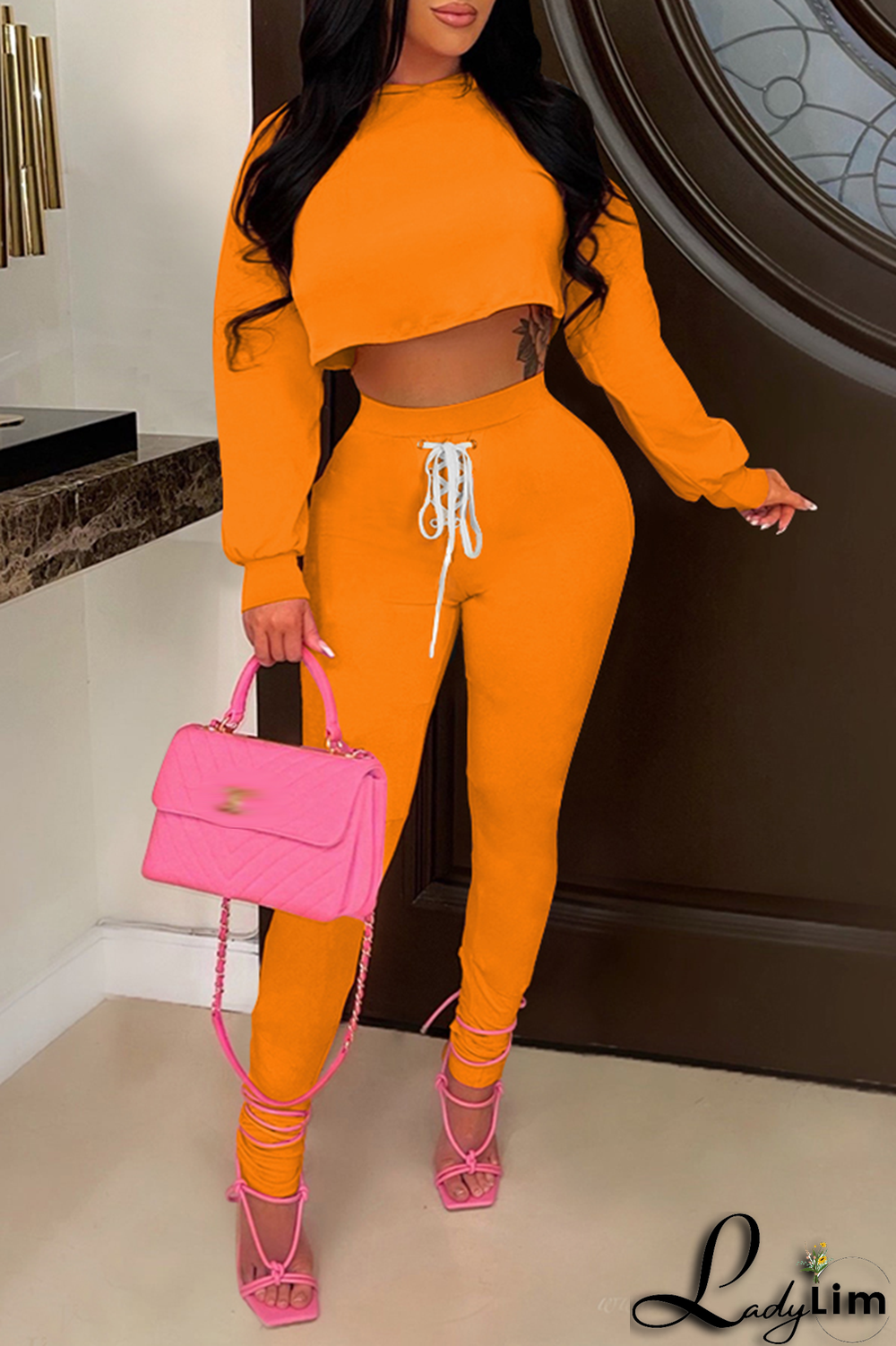 Black Casual Solid Draw String O Neck Long Sleeve Two Pieces