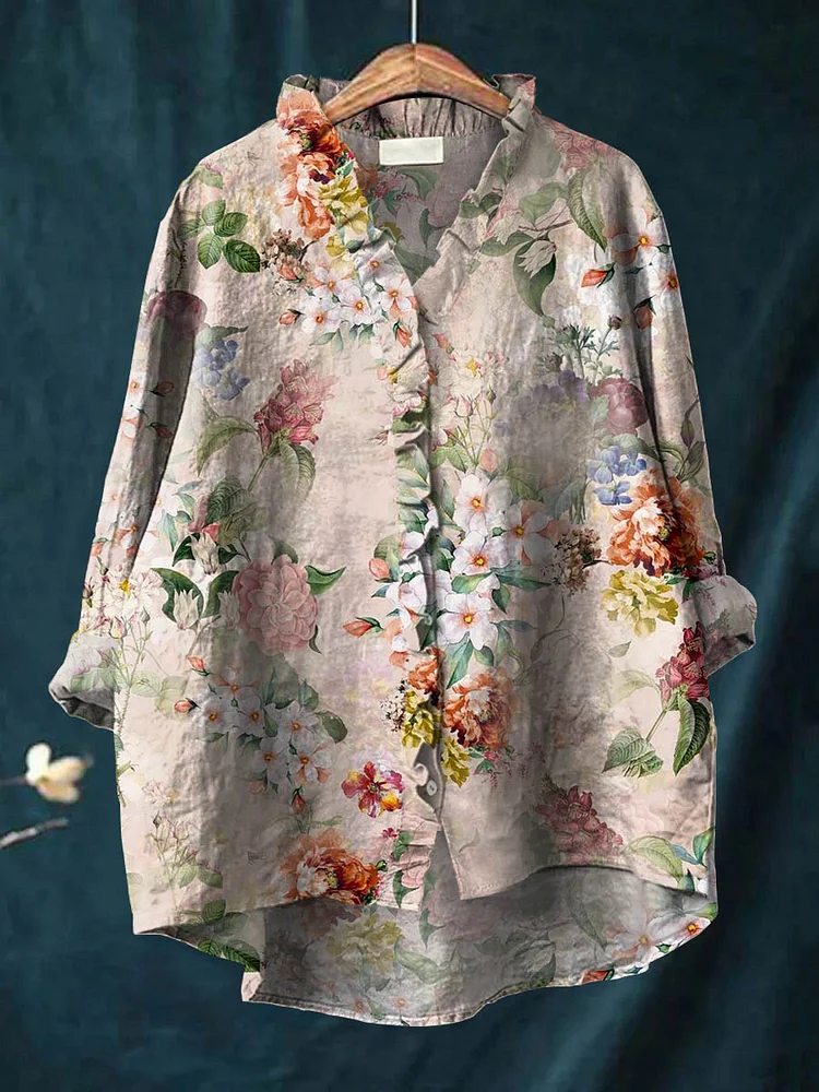 Women's Lovely Floral Art Print Casual Cotton And Linen Ruffle Shirt