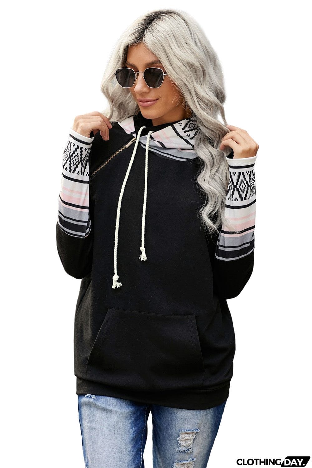 Plaid Double Hoods Thumb Hole Hoodie