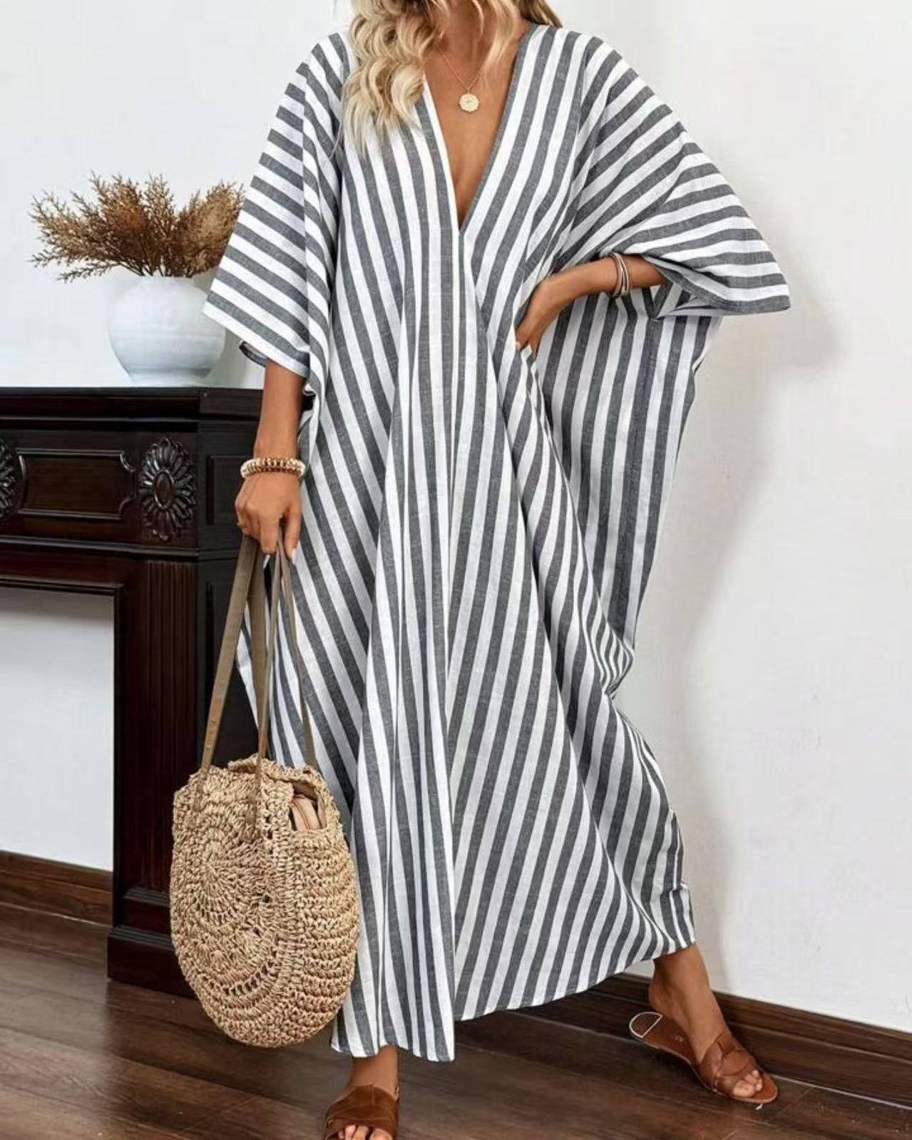 Striped Batwing Sleeve Loose V Neck Maxi Dress