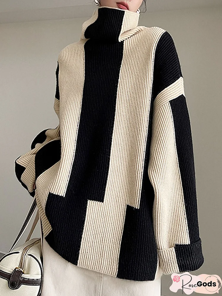 Striped Daily Long Sleeve Simple Turtleneck Sweater