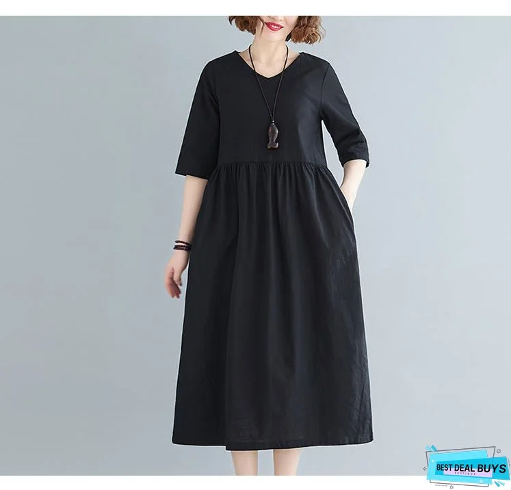 Solid Color Short Sleeve Loose Casual Maxi Dress