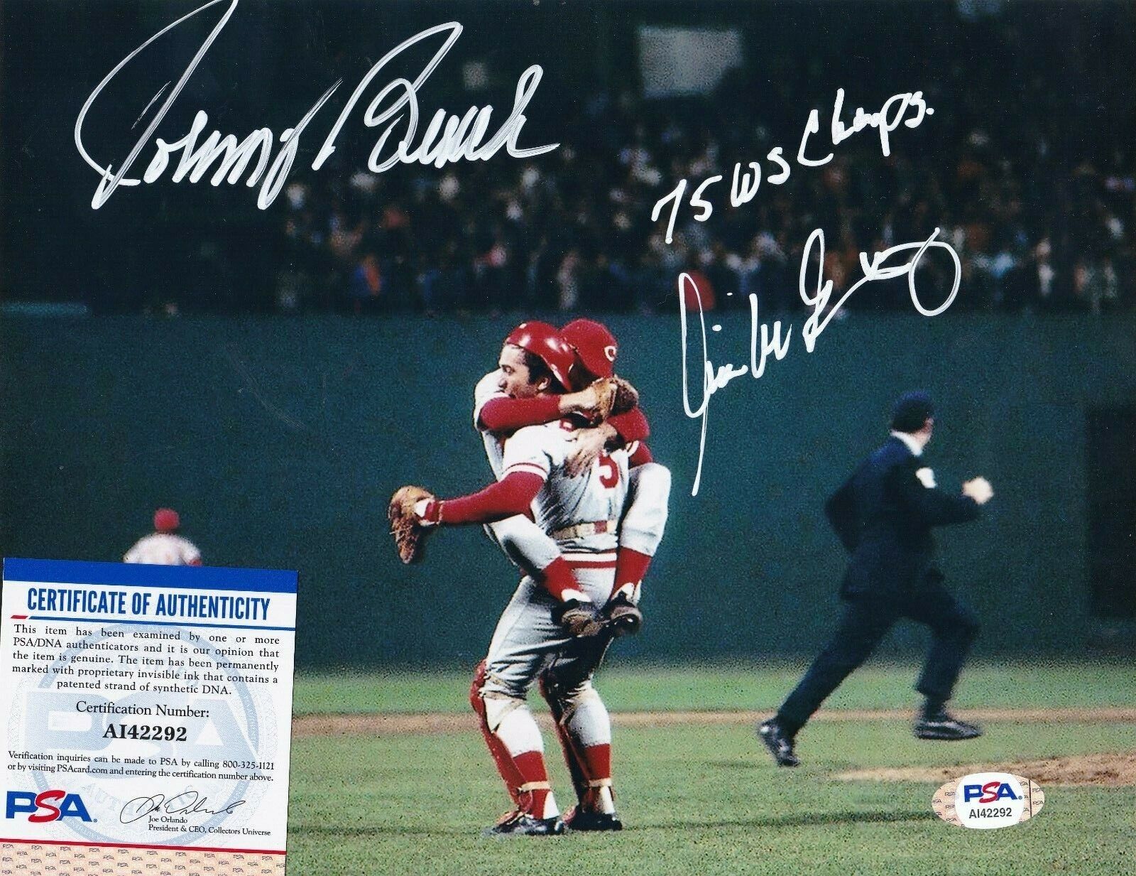 JOHNNY BENCH / WILL MCENANEY CINCINNATI REDS 75 WS CHAMPS PSA SIGNED 8x10