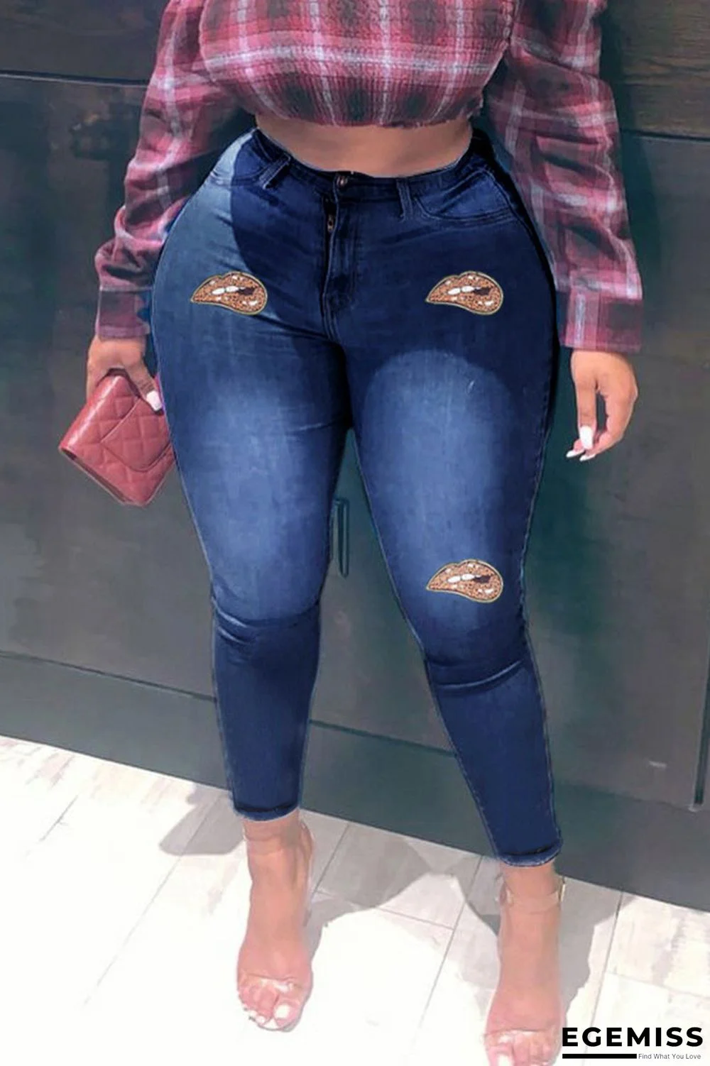 Deep Blue Street Print Lips Printed Buttons Plus Size | EGEMISS