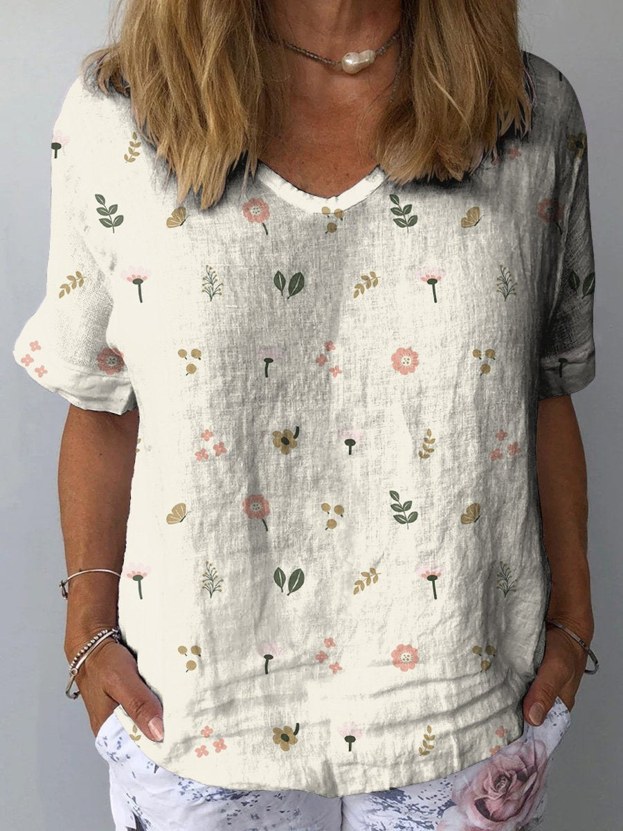Petite Garden Repeat Pattern Printed Women's Casual Cotton And Linen Shirt