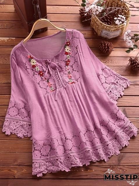 Women's Summer Cotton Linen Stitching Lace Elegant V-neck Blouses