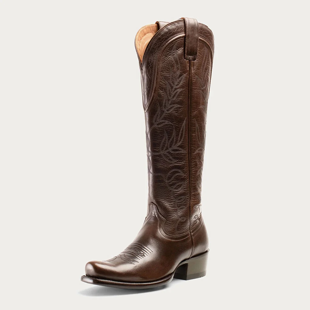 Brown Leaves Embroidered Chunky Heel Western Boots for Women
