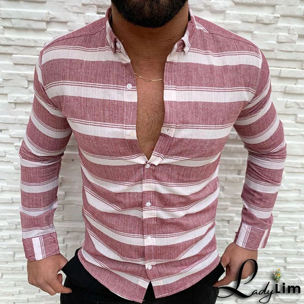 Red Casual Striped Print Split Joint Buckle Turndown Collar Tops