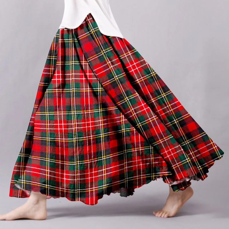 Red Scotland Plaid Print Wide Skirt