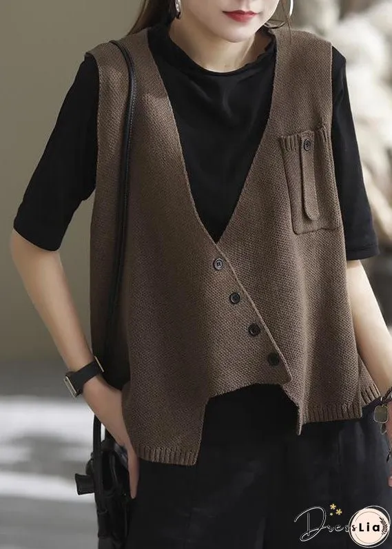 Style Coffee Asymmetrical Patchwork Knit Vest Sleeveless