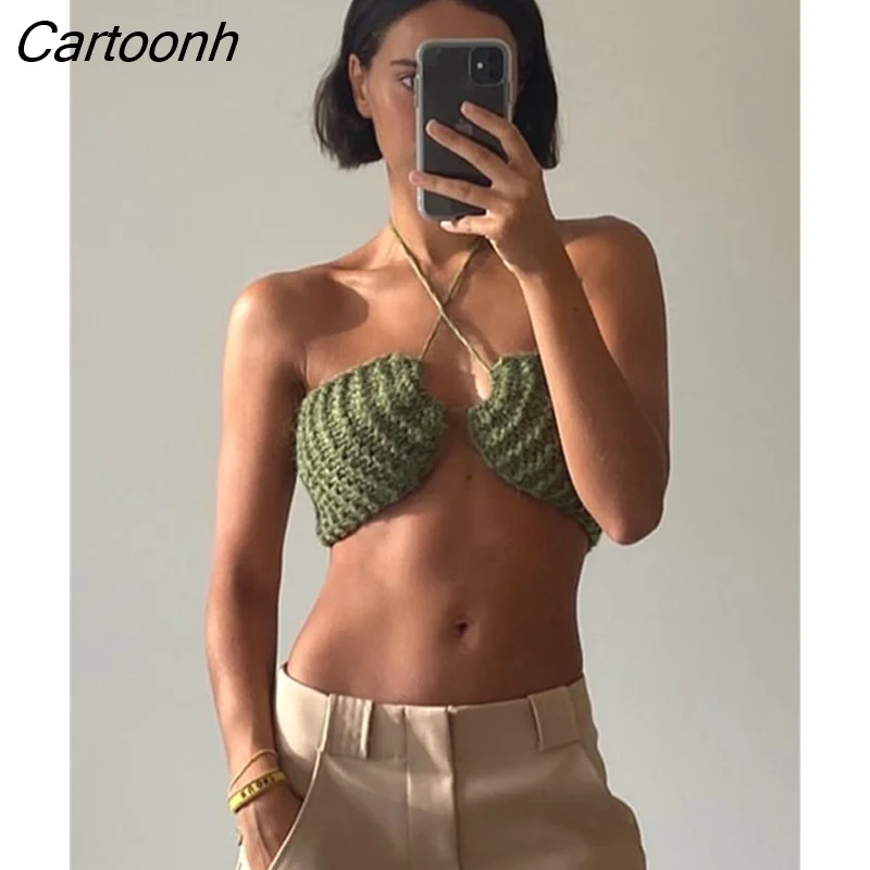 Cartoonh Summer Sexy Solid Knit Bandage Hollow Out Backless Women Camisole 2021 New Party Vacation Street Clubwear Lady Crop Top