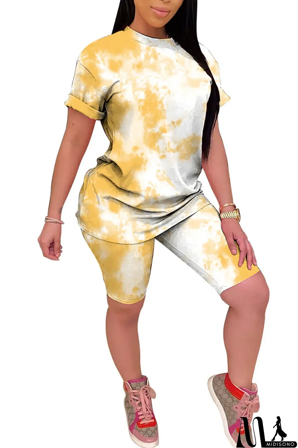 MidiSono - Light yellow Polyester Fashion Casual Print Gradient Two Piece Suits pencil Short Sleeve Two Pieces