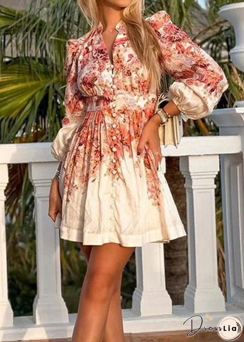 New Beige Print Button Cotton Shirts Dress Long Sleeve