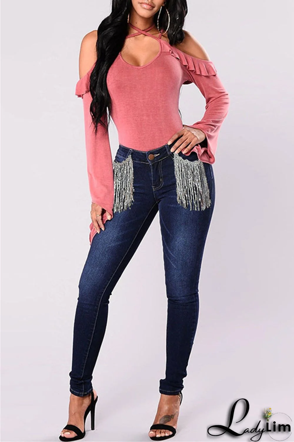 Light Blue Fashion Casual Solid Tassel Patchwork Mid Waist Skinny Denim Jeans