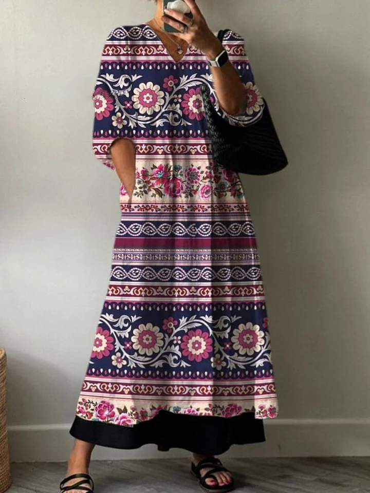 Ethnic Style Floral Pattern Printed Women's Pocket V-Neck Cotton Dress
