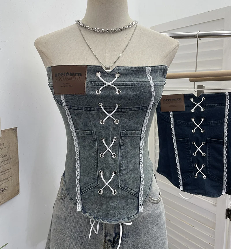 Nigikala Nigikala Sexy Water Wash Denim Pocket Spliced Lace Bra Design Without Strap Vest 2753