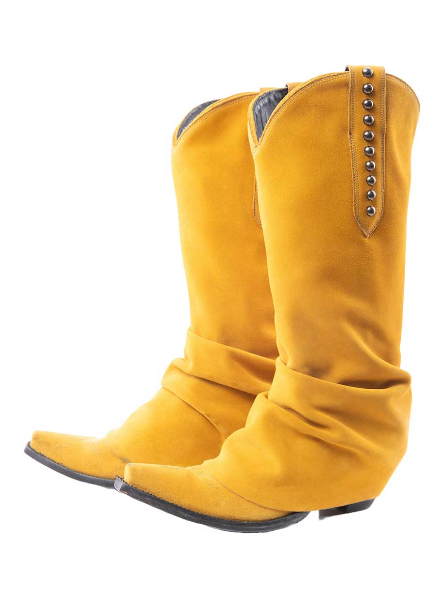 Snip Toe Chunky Heel Knee-High Studded Fold Over Boots in Yellow