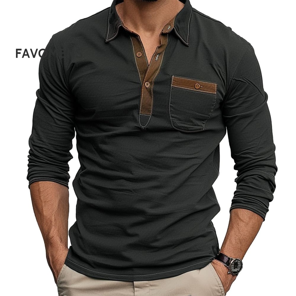 Men’s Casual Long Sleeve T-Shirt Cotton Retro Pocket Polo T-Shirt Black / S