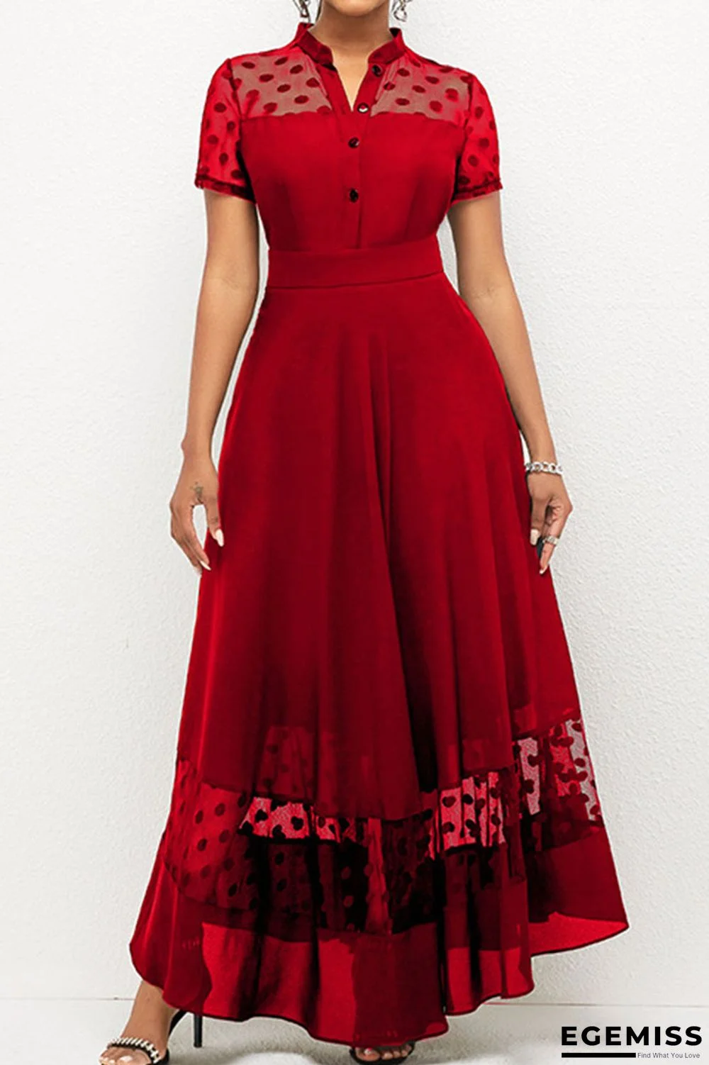 Burgundy Elegant Polka Dot Patchwork Buckle O Neck A Line Dresses | EGEMISS