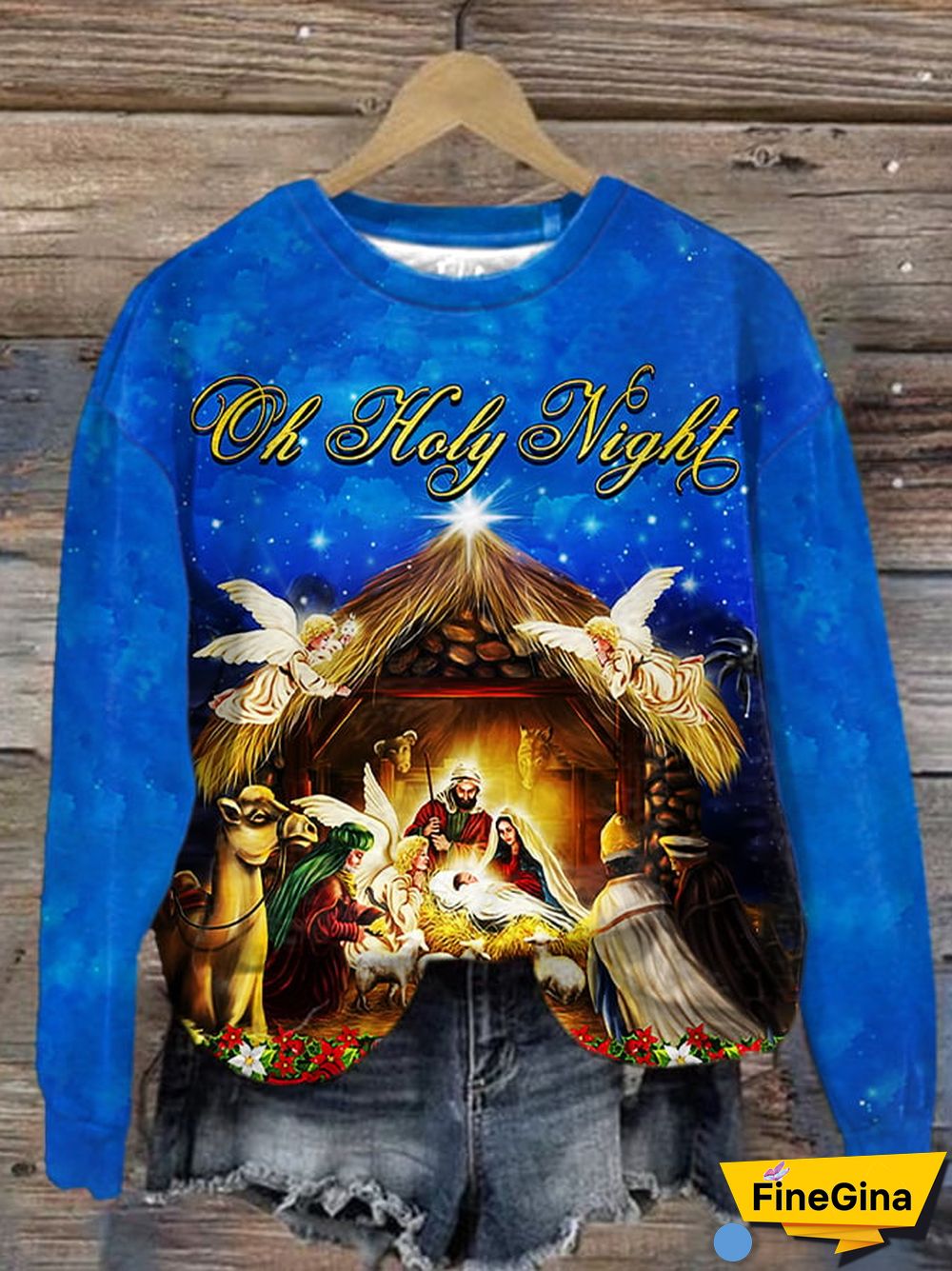 Women's Oh Holy Night Nativity Scene Christmas Print Sweatshirt