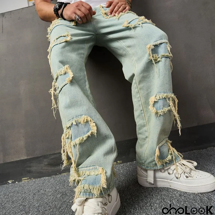 Men Fashion Casual Vintage Tassel Plus Size Wide Leg Jeans