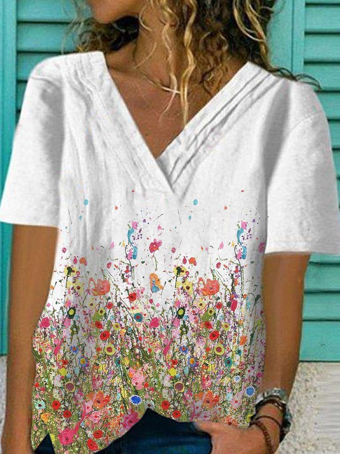 White Floral-Print Cotton-Blend Casual V Neck Shirts & Tops