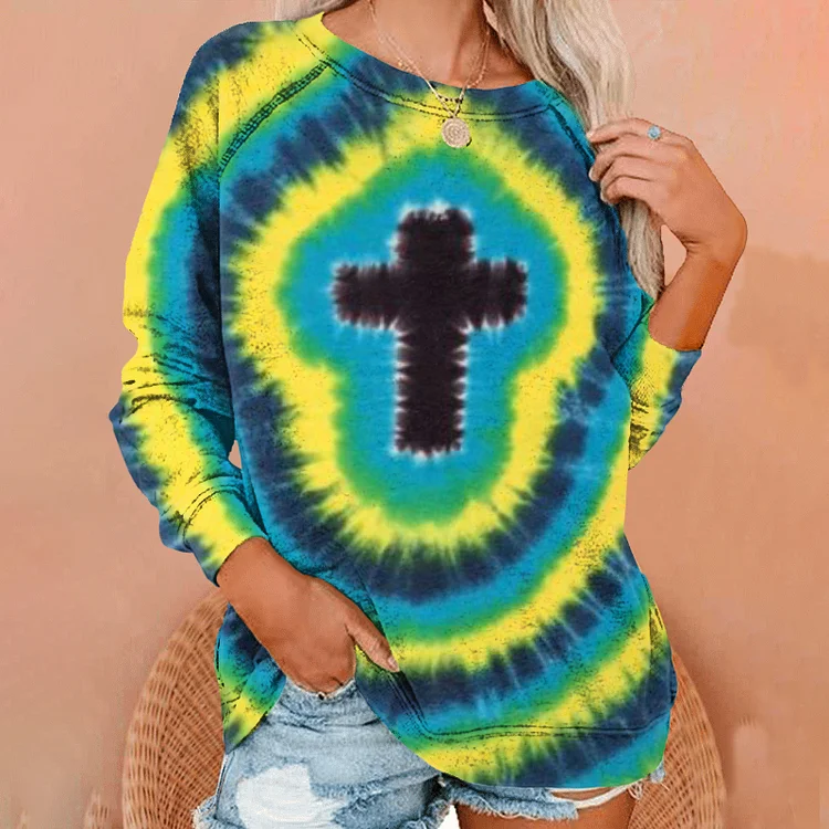 Wearshes Tie Dye Cross Long Sleeve Crewneck Sweatshirt