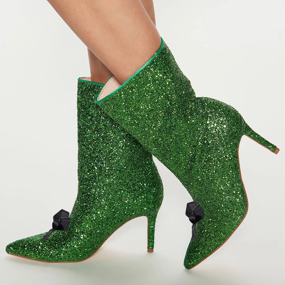 Glitter  Boots Green Pointed Toe Stiletto Heel Boots Nicepairs