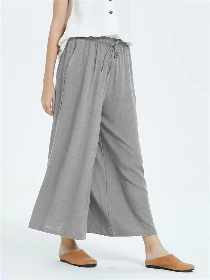Women's Cotton Linen Loose Casual Wide Leg Cropped Pants