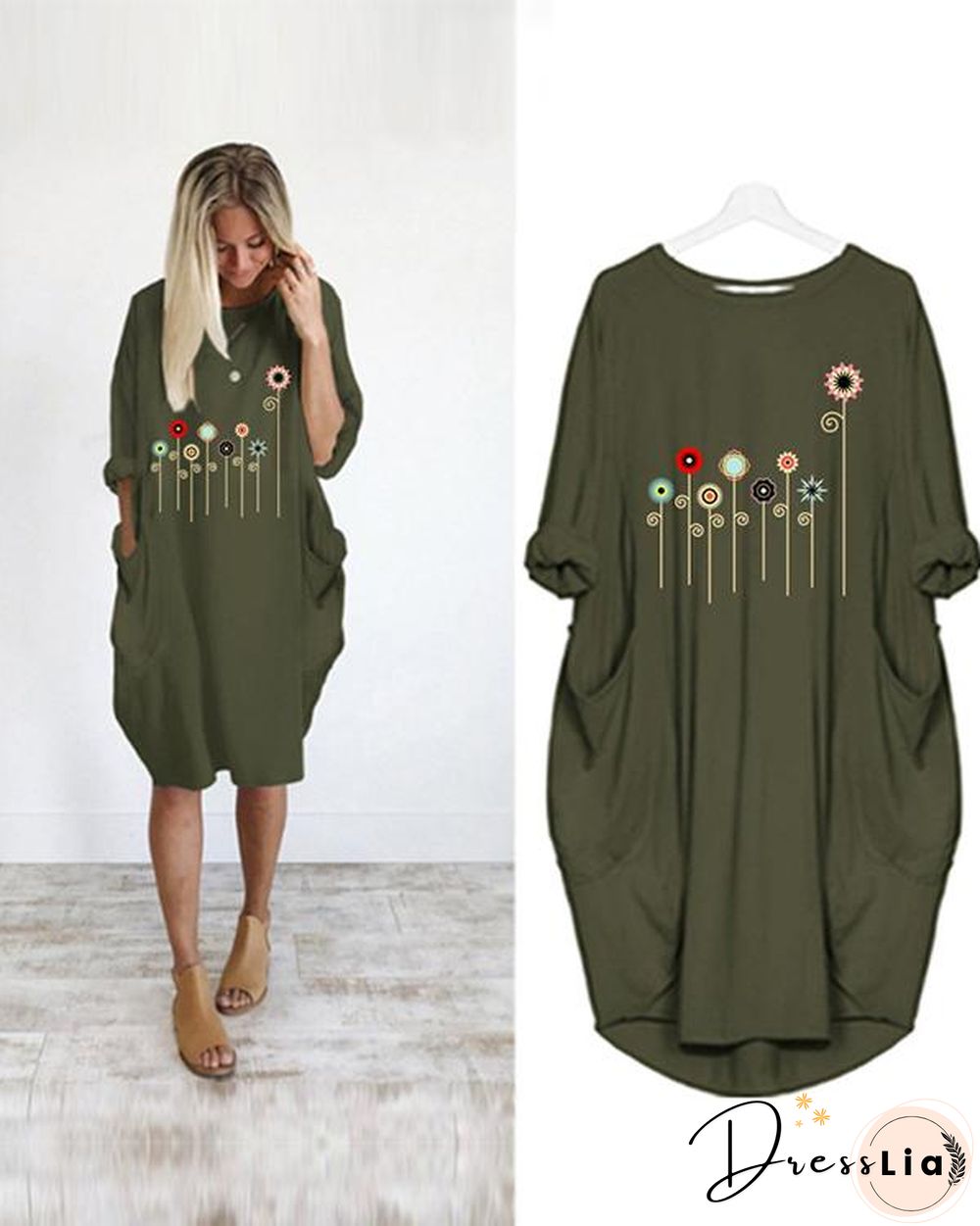 Flower Printed Casual Plus Size Midi Dress