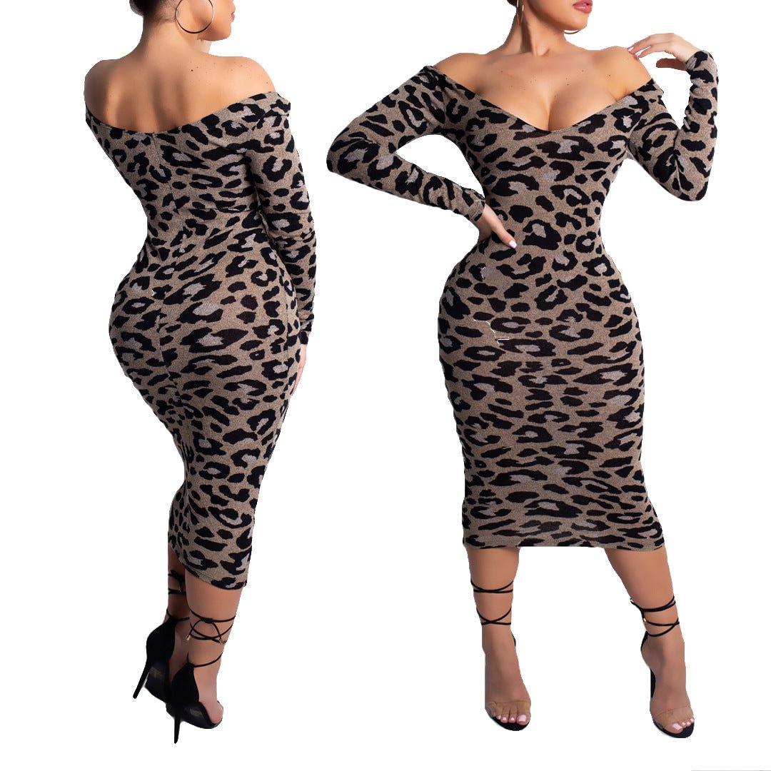 Women's Off-neck Fashion Leopard Print Long Sleeve Dress