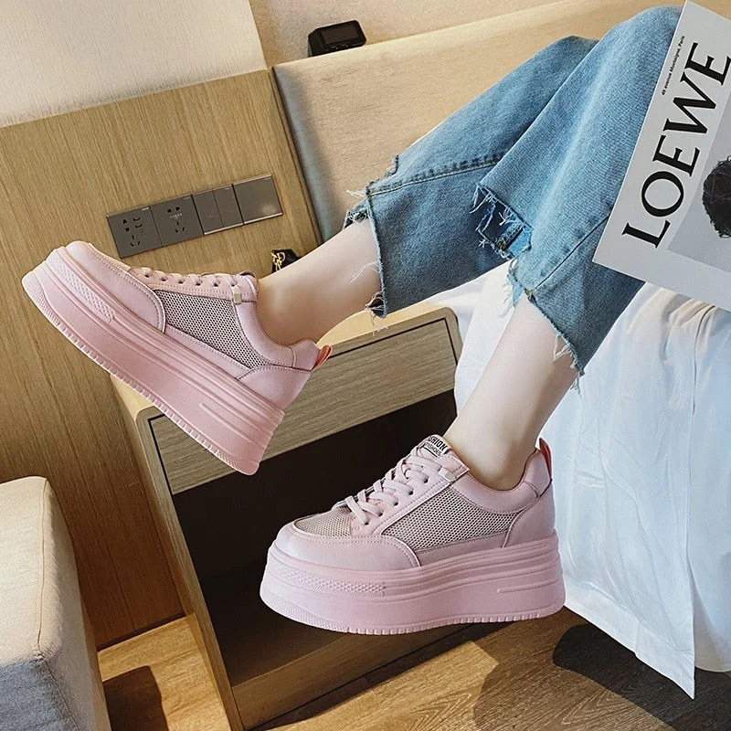 Fujin 8cm Genuine Leather Women Casual Shoes Chunky Sneakers Platform Wedge Hidden Heel Women Leisure Shoes Spring Autumn White