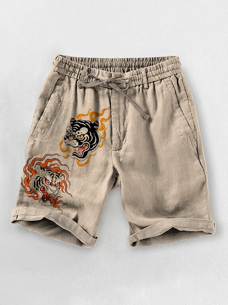 Men's Retro Tiger Head Art Print Casual Shorts