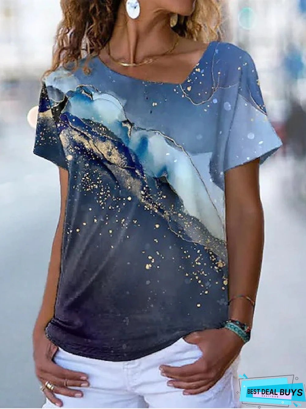 Women's Tee Print Galaxy Graphic Asymmetrical Neck Casual Daily Print Short Sleeve Top Tunic T-Shirt