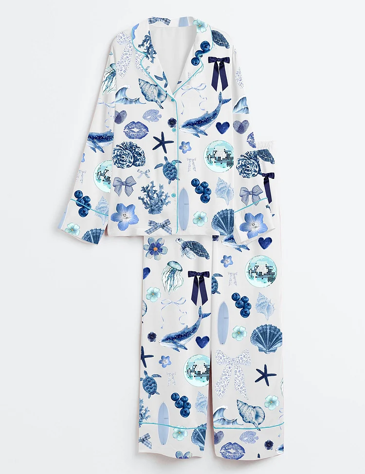 Women&rsquo;s Coquette Seashell Coastal Summer Vibes Turtle Shark Shell Sea World Long Sleeve Satin Pajama Set