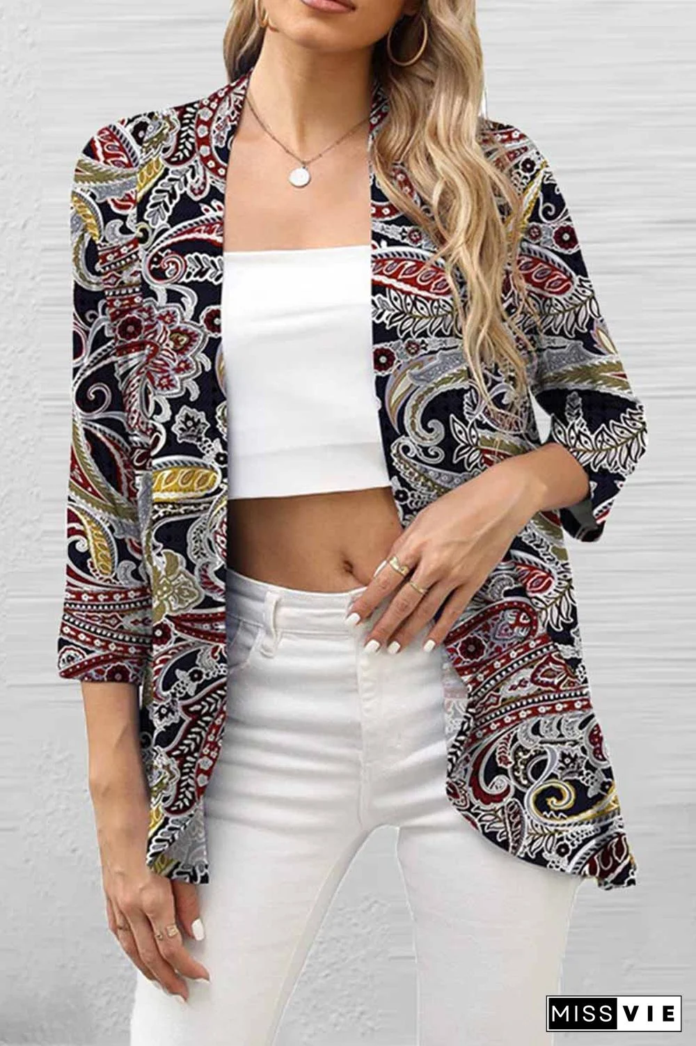 Casual Print Patchwork Cardigan Collar Tops