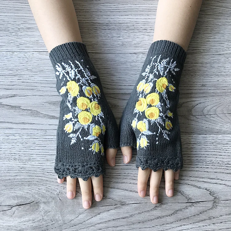 Embroidered Extended Warm Adult Wool Gloves