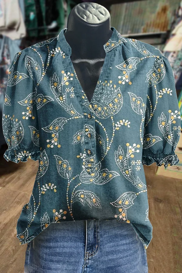 Vintage Floral Print V-Neck Puff Sleeve Top