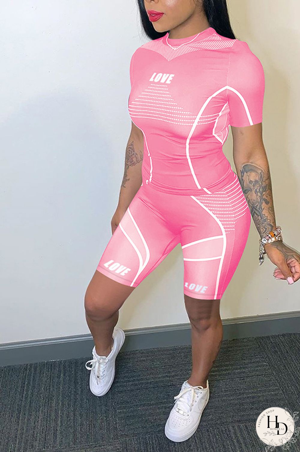 Dark Gray knit Sexy Patchwork Print Straight Short Sleeve Two Pieces