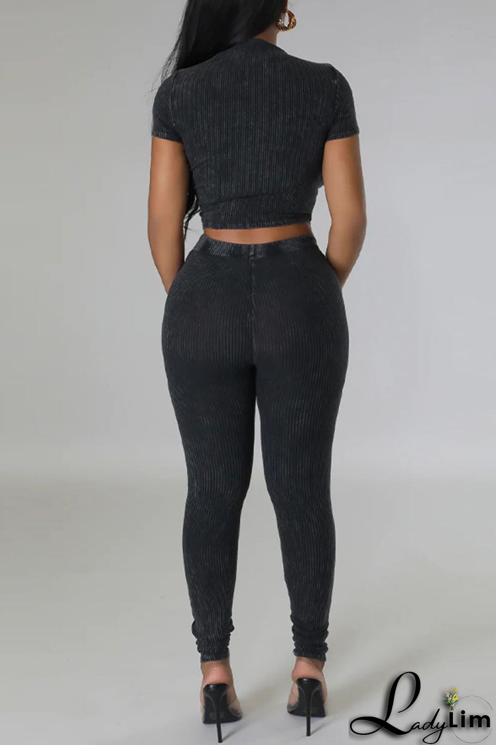 Black Sportswear Solid Patchwork O Neck Short Sleeve Two Pieces