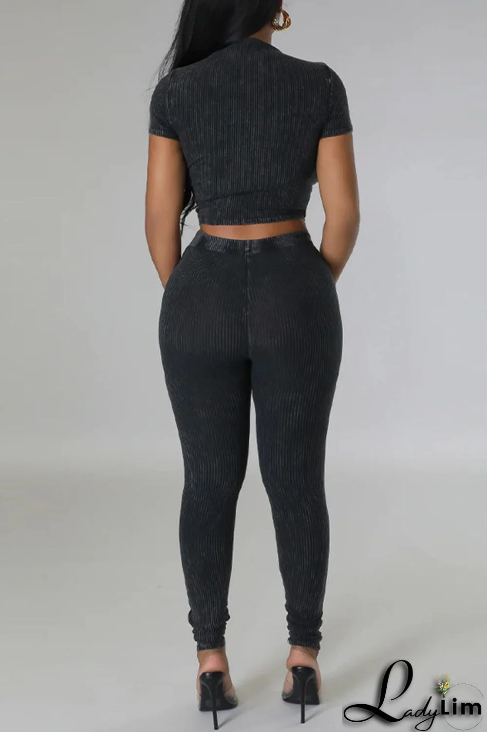 Black Sportswear Solid Patchwork O Neck Short Sleeve Two Pieces