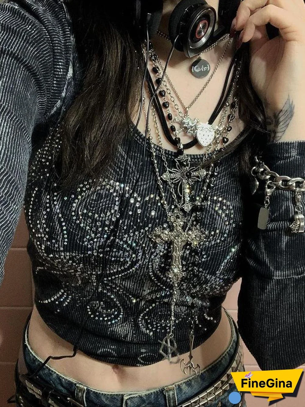 Rhinestone Print Long Sleeve Crop Top