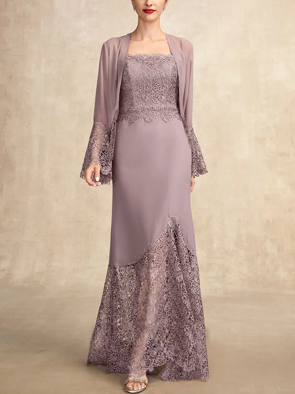  Trumpet/Mermaid Square Neckline Asymmetrical Chiffon Lace Mother of the Bride Dress
