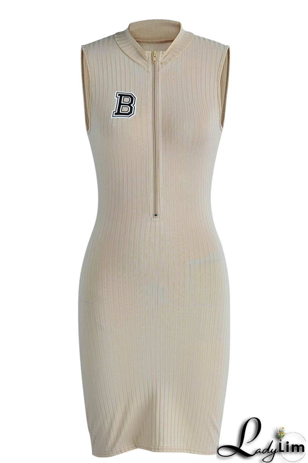 Apricot Fashion Print Patchwork Zipper Collar Pencil Skirt Dresses